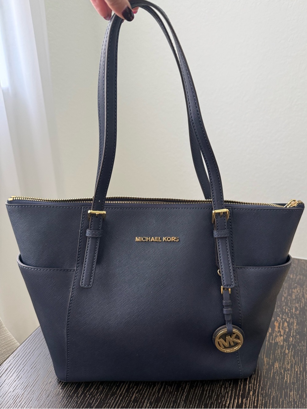 Michael Kors Navy Saffiano Tote with Gold Hardware